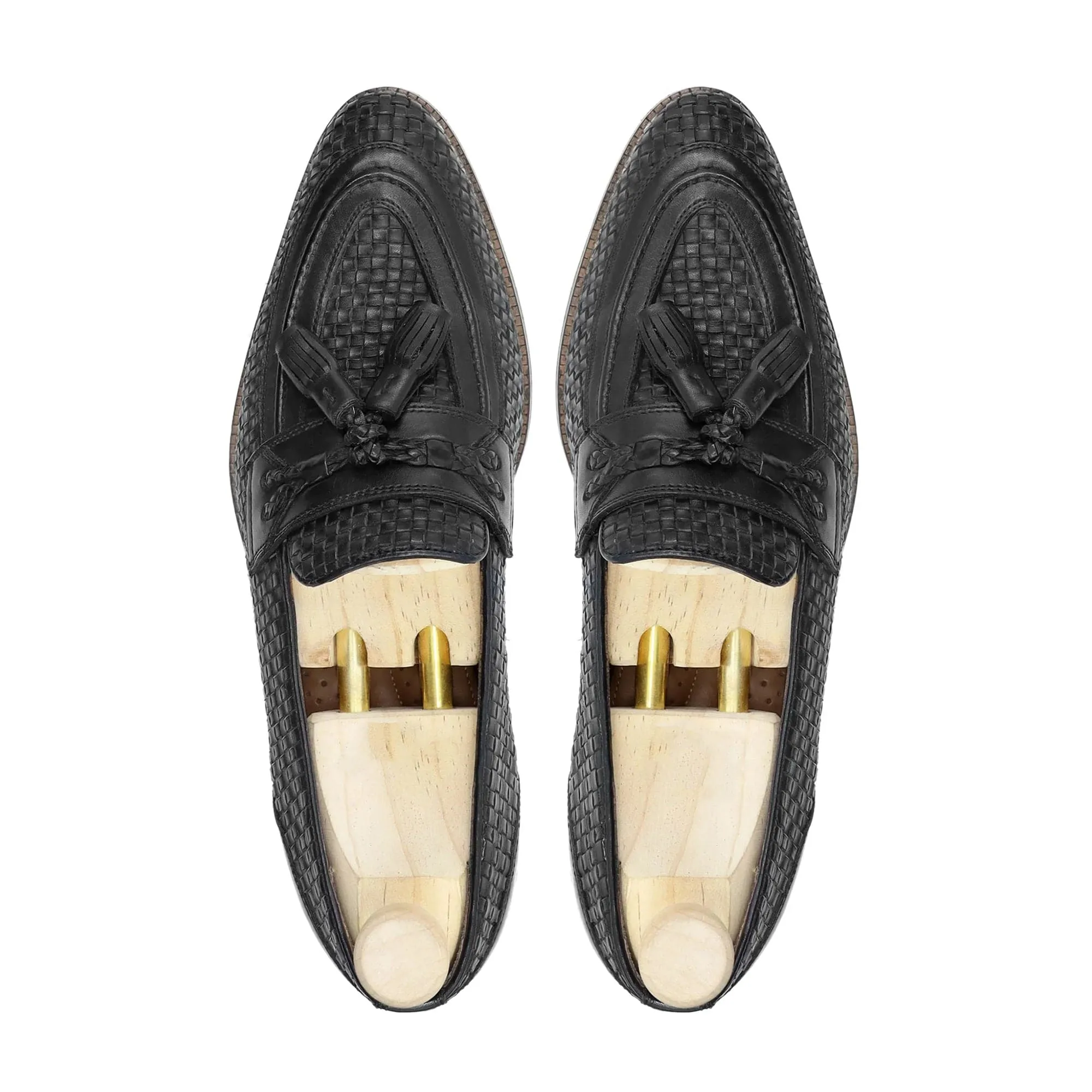 Handmade Custom Black Hand Woven Calf Leather Mens Loafers