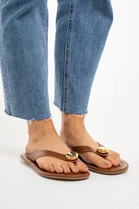 Lauren Gold Button Flip Flops In Brown