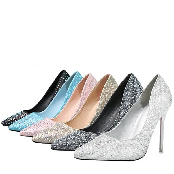 Women's rhinestone sparkly wedding shoes pointed closed toe high heels